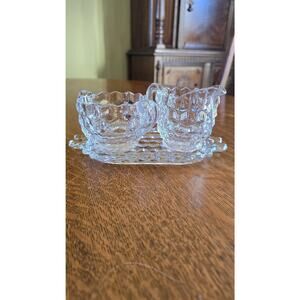 Vintage Clear Fostoria Glass Cream Sugar Set With Tray Cubist Diamond Honeycomb